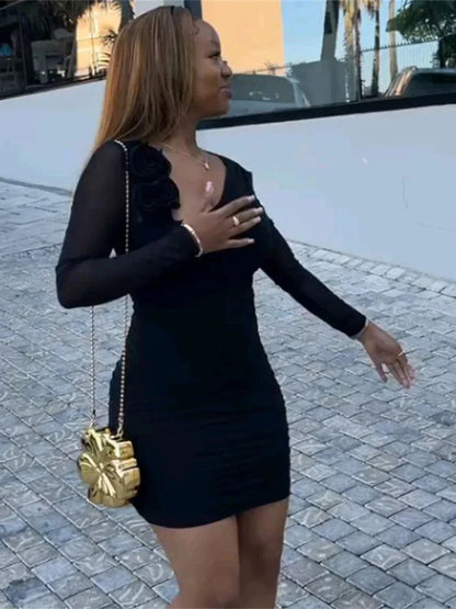 Patchwork Mesh Sexy Dress Women 3D Flowers Folds Slanted Collar Elastic Midnight Autumn Trend Party Clubwear Bodycon