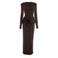 Draped Long Sleeve Slit Maxi Dresses for Woman Party Evening Elegant Dress Brown Burgundy