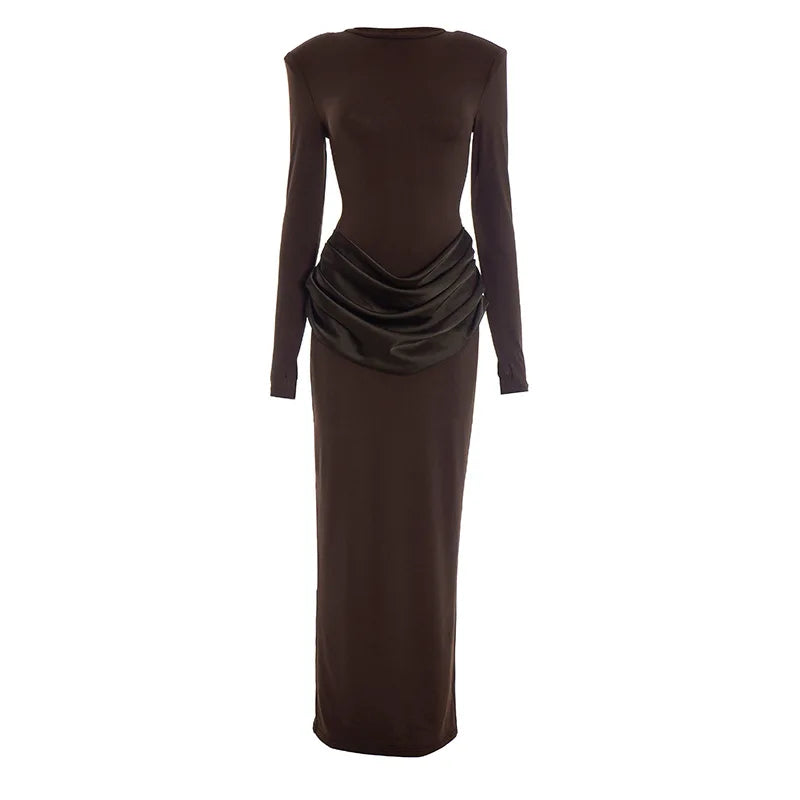 Draped Long Sleeve Slit Maxi Dresses for Woman Party Evening Elegant Dress Brown Burgundy