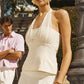 Y2K Women Halter Sleeveless Top Mesh Patchwork Ruched Bust Back Tie Slim Fit Camisole Summer Streetwear Party Clubwear