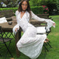 See Through Lace Sexy Deep V Neck Flared Sleeve Long Dresses for Women 2024 Weddings Party White Black Dress