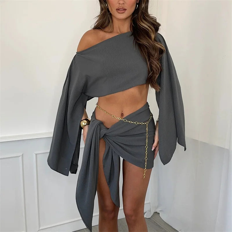 Y2K Two Piece Beach Outfit Off Shoulder Flare Sleeve Crop Top and Wrap Tie Skirt Summer Vacation Cover Up Party Clubwear