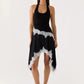 Halter Backless Sexy Midi Dress Women Fashion Elegant Lace Irregular Hem Ruched Waist Sleeveless Club Party Dress
