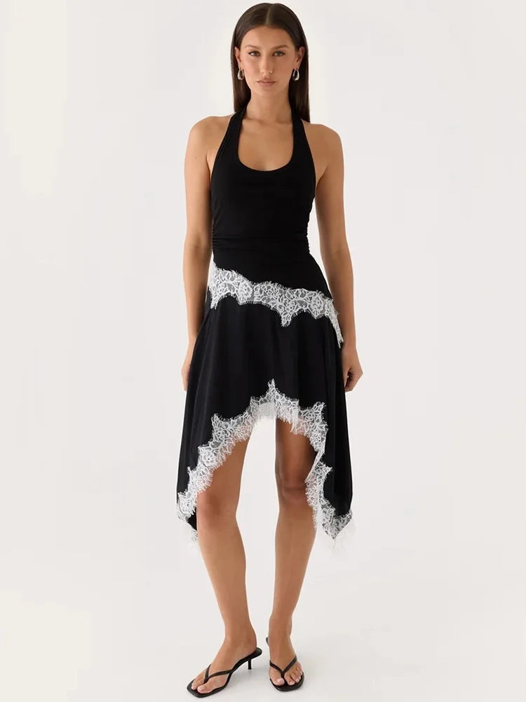 Halter Backless Sexy Midi Dress Women Fashion Elegant Lace Irregular Hem Ruched Waist Sleeveless Club Party Dress