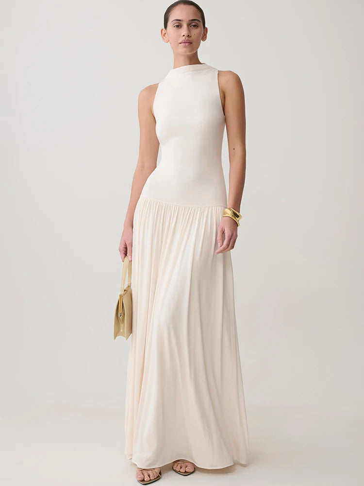 Women Sleeveless High Neck Sexy Maxi Dress Pleated Long Dress Elegant Drop Waist Club Party Evening Long Dresses