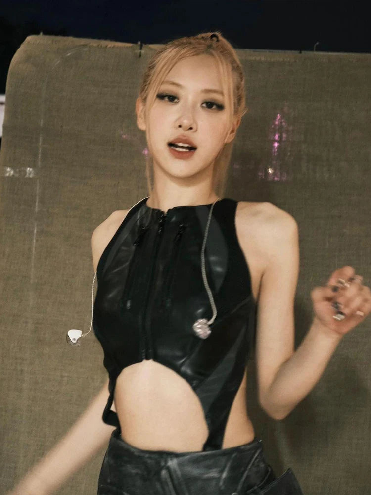 Zipper Sexy Bodysuit Women Faux Leather Patchwork Hollow Sleeveless o-Neck Waistless Midnight Music Festival Outfits