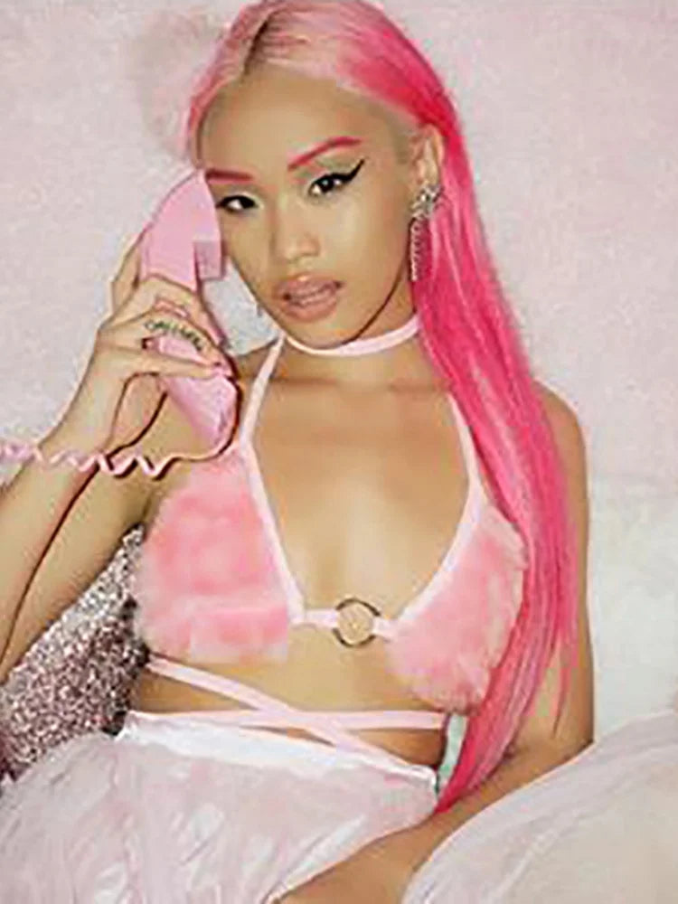 Fuzzy Pink Faux Fur Sexy Bralette Crop Top Rave Festival Halter Backless Bandage Summer Tops for Women