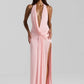 Halter Deep V Neck Backless Sexy Maxi Dress Women Gown Fashion Irregular Sleeveless Thigh High Split Club Party Dresses