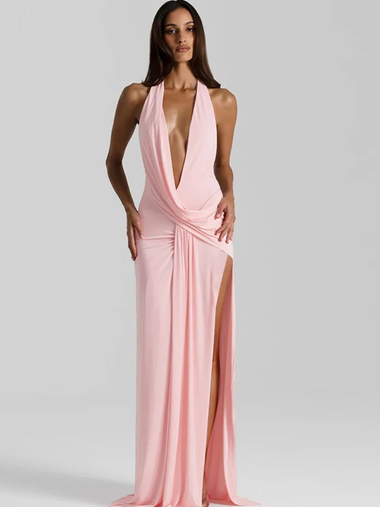 Halter Deep V Neck Backless Sexy Maxi Dress Women Gown Fashion Irregular Sleeveless Thigh High Split Club Party Dresses