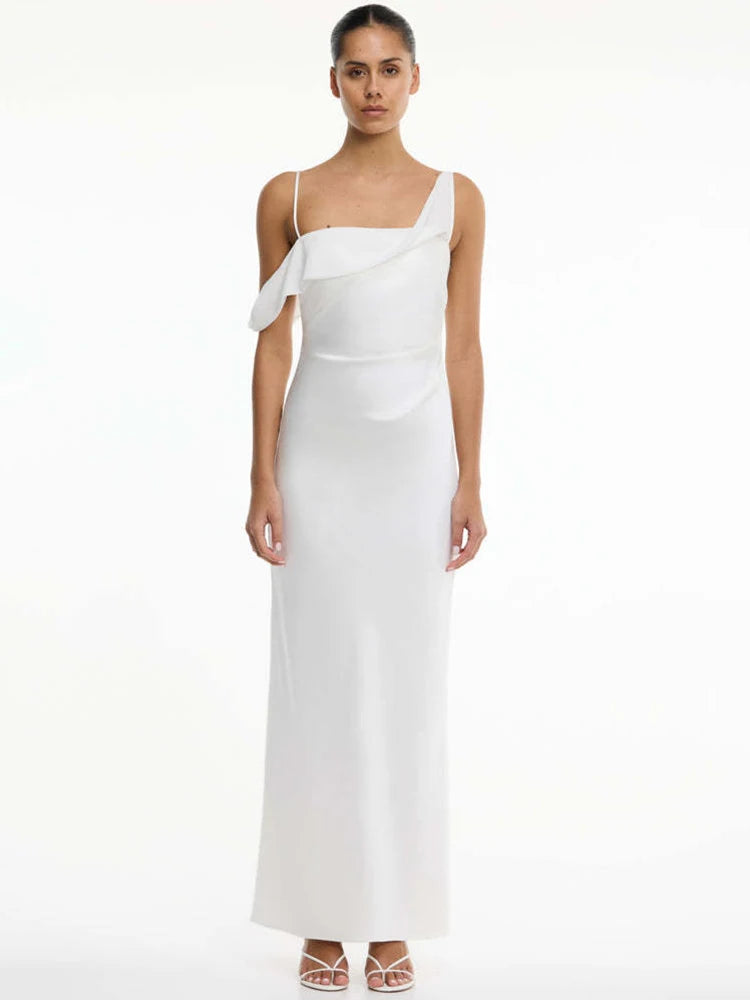 Women Satin Maxi Dress Elegant Spaghetti Strap Evening Party Gown Elegant Draped Formal Wedding Guest Long Dress
