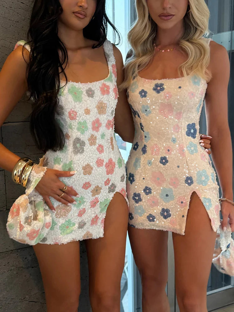 Sequins Print Sexy Mini Dress Women Robe Fashion Sparkle Square Collar Sleeveless Backless Split Club Party Dresses