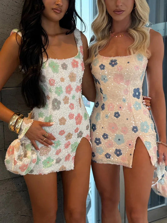 Sequins Print Sexy Mini Dress Women Robe Fashion Sparkle Square Collar Sleeveless Backless Split Club Party Dresses
