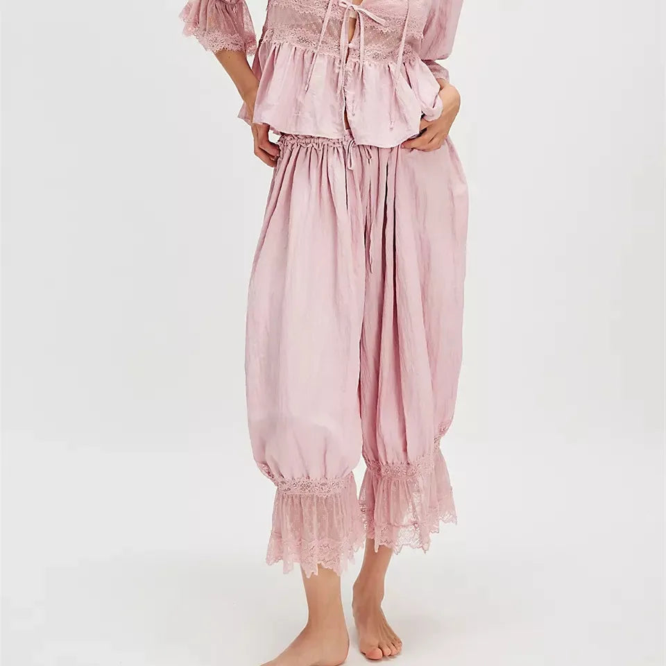 Women Ruffle Long Bloomer Y2k Lace Trim Pettipants Pantaloons Mid Rise Cropped Pajama Pants Under Dress Slips
