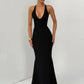 Women Deep V Halter Mermaid Maxi Dress Crisscross Lace Up Backless Long Gown Ruched Bodycon Evening Party Formal Dress