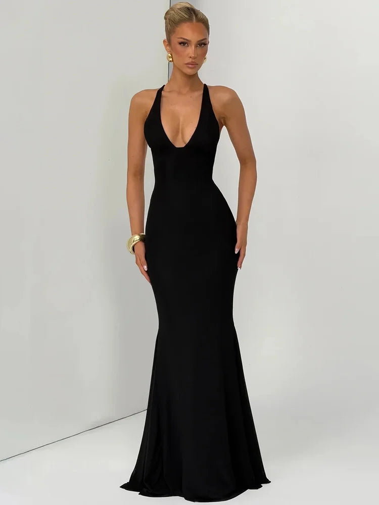 Women Deep V Halter Mermaid Maxi Dress Crisscross Lace Up Backless Long Gown Ruched Bodycon Evening Party Formal Dress