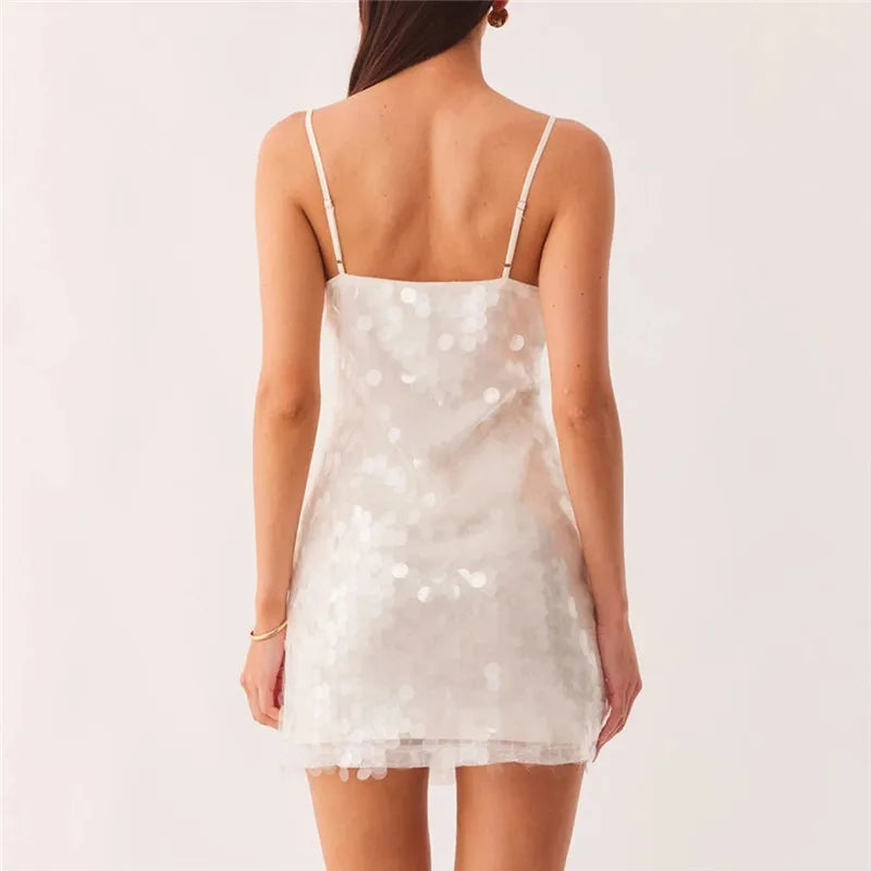 Minimalist Sequins Spaghetti Strap Mini Dress Women Sparkly U Neck Versatile Evening Wedding Guest Club Short Dress