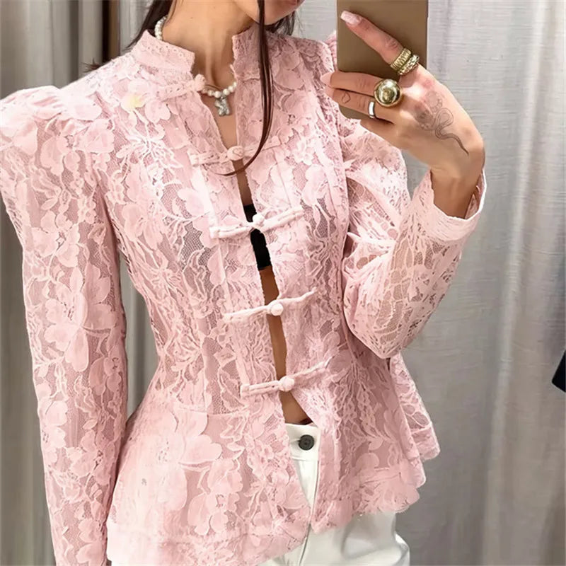Vintage Sheer Floral Lace Shirt Women Stand Collar Chinese Knot Buttons Puff Sleeve Peplum Slim Fit Casual Street Blouse