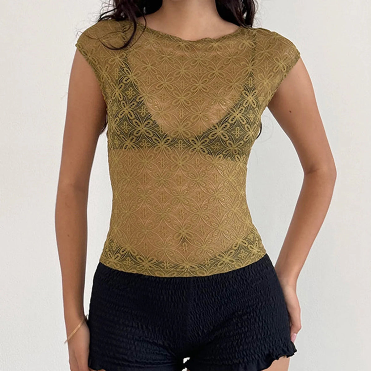 Women Y2K Vintage Floral Lace Crop Top Goth Grunge Cap Sleeve Scoop Neck See-Through Sheer Mesh Baby Tees