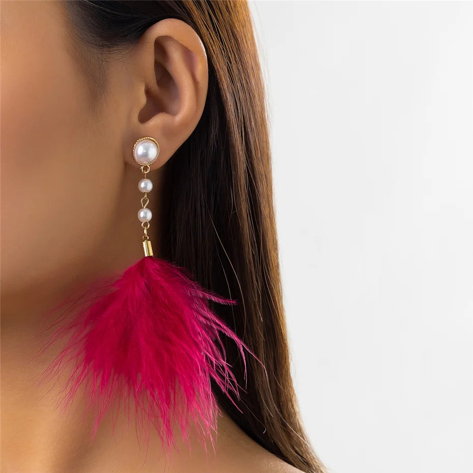 Romantic Long Tassel Fluffy Feather Drop Earrings for Women Wed Elegant Boho Imitation Pearl Dangle Earring Y2K Jewelry