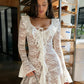 Women Lace Mini Dress Long Flare Sleeve Ruffle V Neck Tie‑Up Sheer Mesh See‑Through Short Party Beach Dress For Women