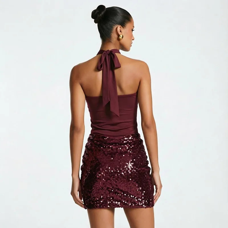 Halter Neck Sequins Mini Dress Woman for Birthday Pictures Sexy Party Dresses Club Wear