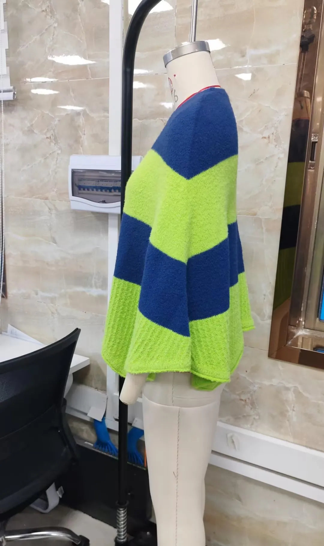 Women Fuzzy Knit Poncho Sweater Round Neck Color Block Striped Cape Fluffy Oversized Pullover Shawl Wrap Winter Cover Up