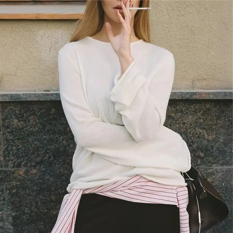 French Minimalist Sheer Knit Blouse Women Crew Neck Long Sleeve See Through Loose Winter Fall Basic Casual Knitwear Top