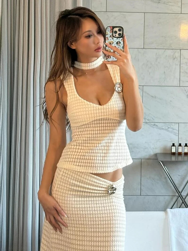 Hollow Scarf+Vests Women Low-Neck See Through Sleeveless Backless Knit Skinny Metal Trim Summer Elegant Tank Tops