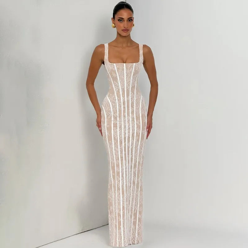 Floral Lace White Square Neck Sleeveless Maxi Dress Evening Party Dresses Woman Elegant Luxury