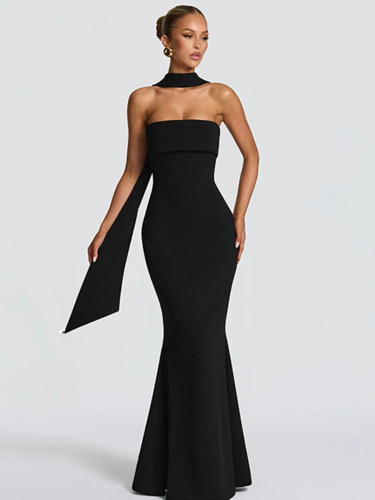 Off-shoulder Strapless Sexy Maxi Dress Women Gown Scarf Collar Sleeveless Backless Bodycon Club Party Evening Dresses
