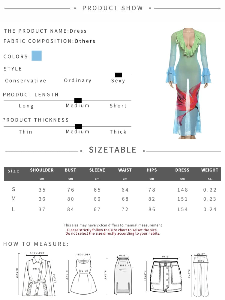 Lower Print See Through Dress Women Y2K Gradient Ruffles Low-Neck Flare Sleeve Summer Holiday Beach Midnight Vestidos
