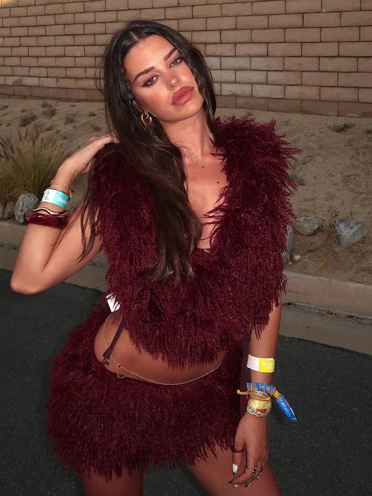 Hooded Furry 2 Piece Set Women Sexy U-Neck Backless Bandage Tank Tops+Tight Mini Skirt Chic Midnight Party Clubwear