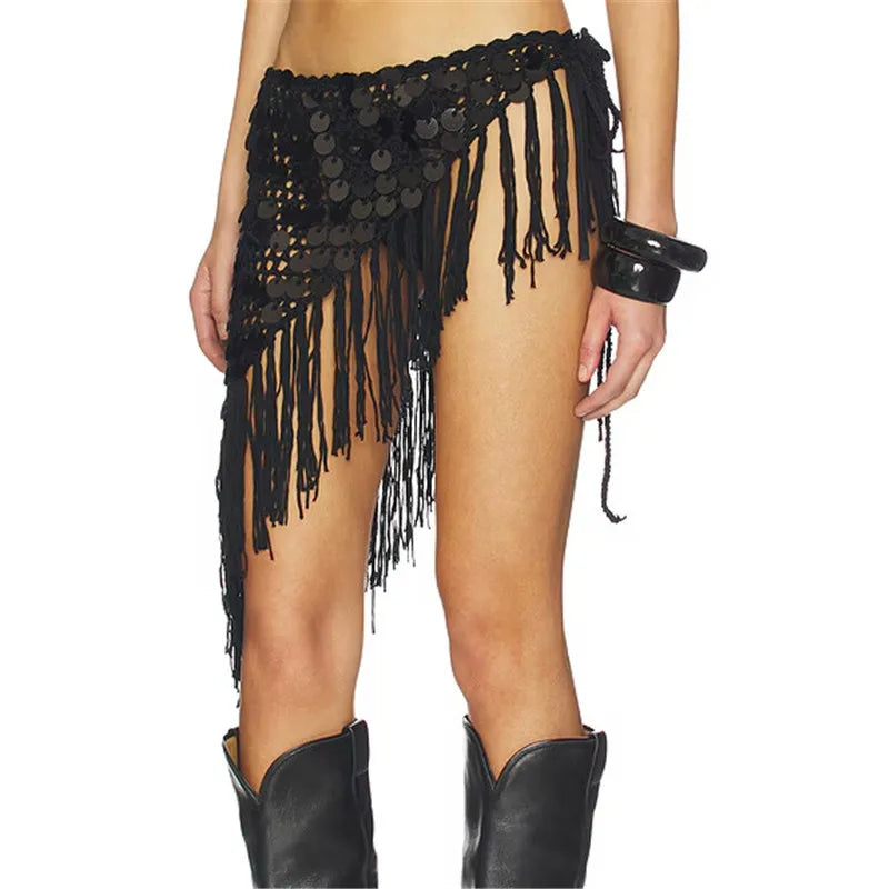 Women Boho Handmade Crochet Sequin Fringe Wrap Skirt Asymmetrical Tassel Beach Cover Up Summer Festival Streetwear