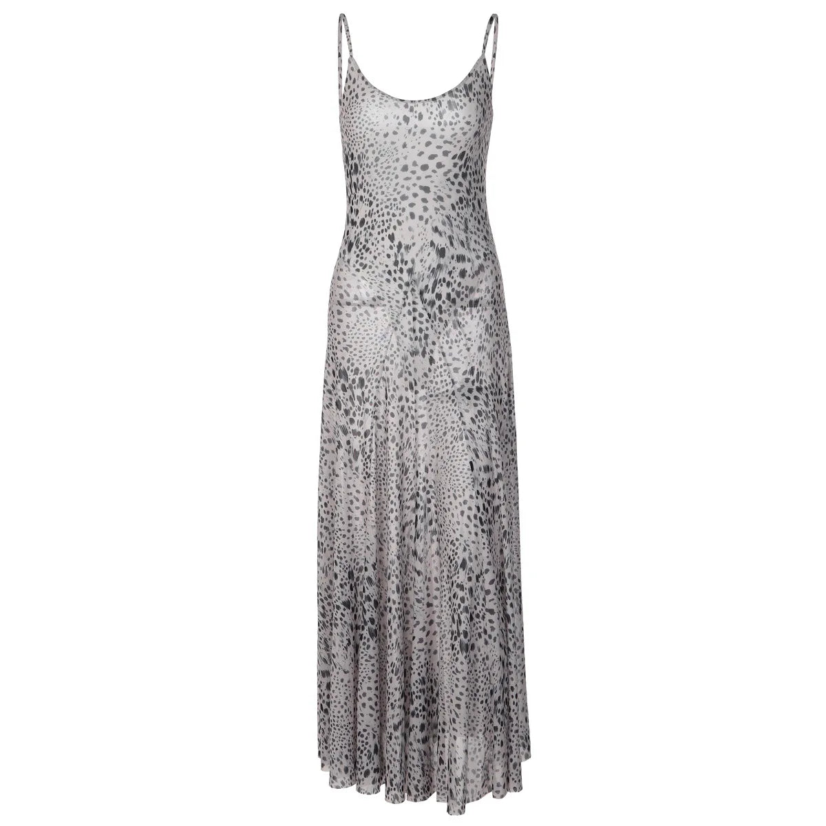 Leopard Print Mesh Sheer Spaghetti Strap Maxi Dress Elegant Flowing A-line Dresses for Woman Vacation Outfits