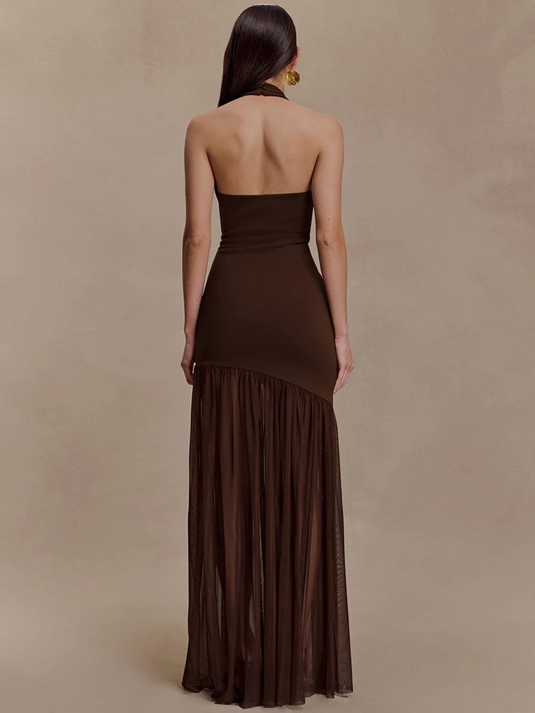 Hollow Out Halter Backless Sexy Maxi Dress Women Gown Elegant Patchwork V Neck Sleeveless Bodycon Club Party Long Dress