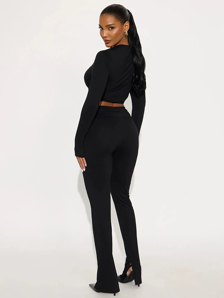 Autumn Ruched 2 Piece Set Women Metal Buckle Sexy V-Neck Full Sleeve Crop Tops+High waist Split Pant Basic Streetwear
