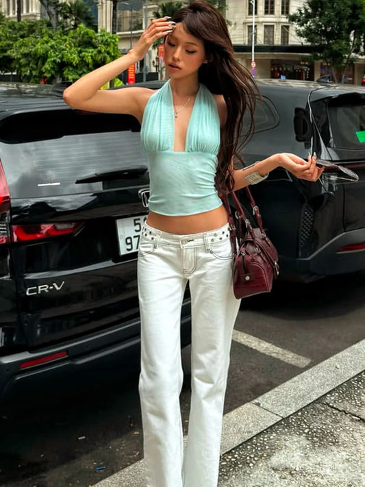 Sexy Backless Tank Tops Woman Summer Trend Bandage Halter Low-Neck Shape Waist Look Slimmer Street Fashion Style Vest