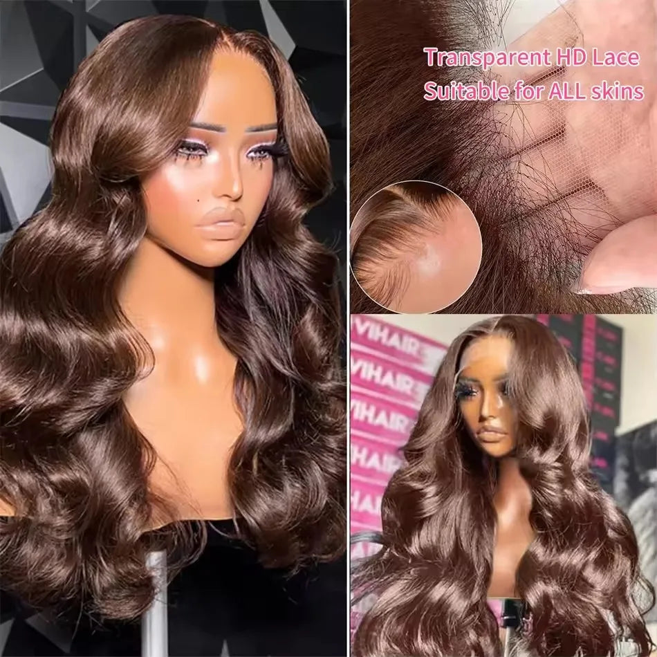 200Density HD Chocolate Brown Body Wave 13x6 13x4 Lace Frontal Remy Human Hair Wig For Women