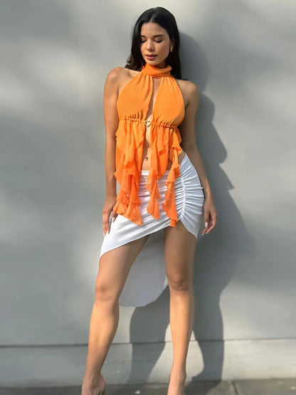 Sexy Tank Tops Women Tassel Irregular Hem Halter Lace-Up Love Metal Ring Skinny Backless Sleeveless Midnight Camisole