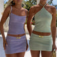 Women's Halter Neck Sleeveless Knit Crop Top and Ruched Mini Skirt 2 Piece Outfit Slim Fit Bodycon Summer Y2K Co-ord Set