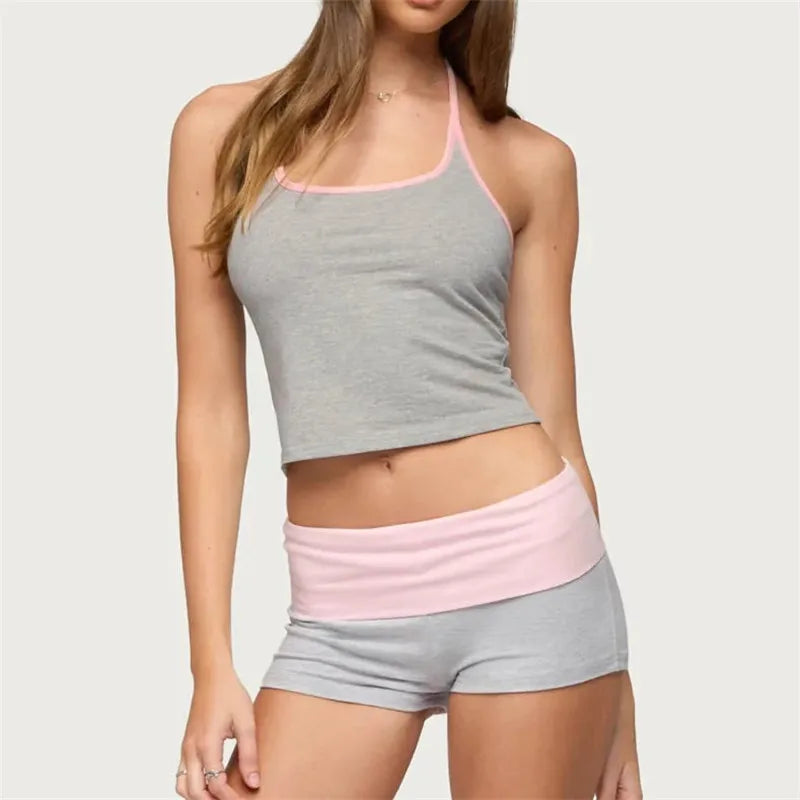 Women 2 Piece Loungewear Set Gray Pink Contrast Trim Halter Neck Crop Top And Foldover Waist Mini Shorts Y2K Streetwear