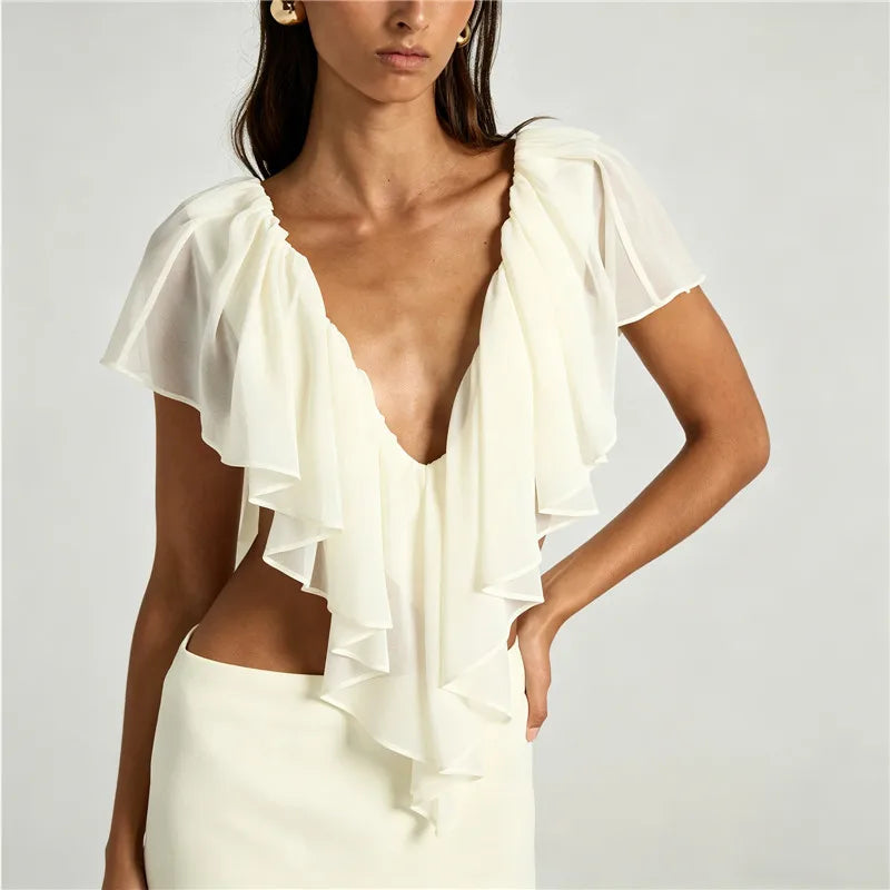 French Coquette Ruffle Blouse V Neck Open Back Flowy Short Sleeve Top with Tiered Layers Date Night Party Summer Outfits