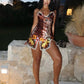 Flower Print Sling Dress Woman Lace Patchwork Low-Neck Backless Shape Waist Irregular Hem Sexy Fashion Mini Bodycon