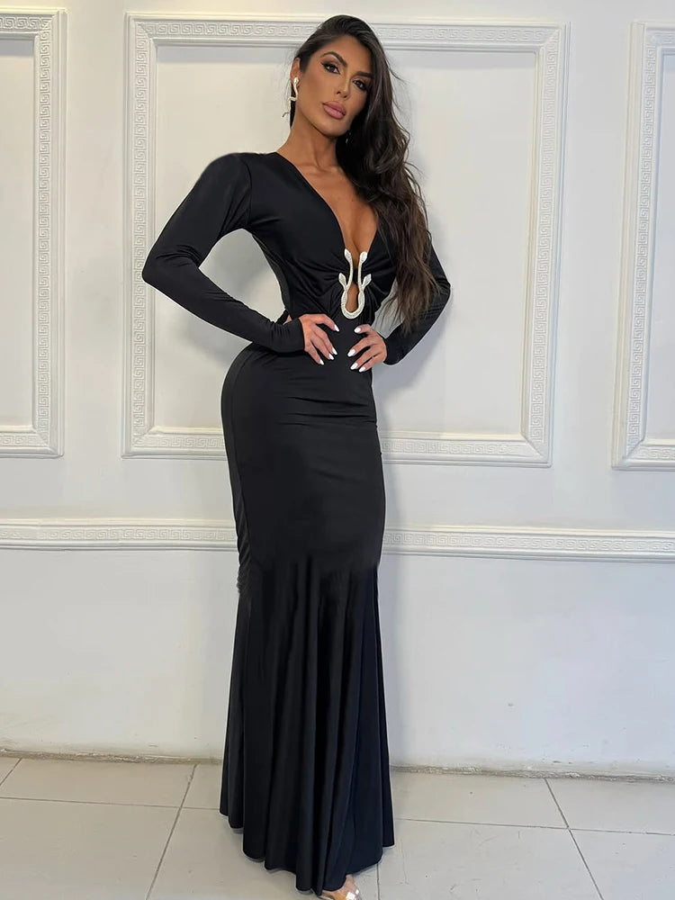 Metal  Ruched Dress Women Deep V-Neck Long Sleeve Sexy Stretch Elegant Banquet Hipster Birthday Prom Party Vestidos