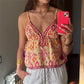 Boho Beach Floral Print Embroidery Camis for Women Tops Casual Deep V Neck Sleeveless Backless Tassel Strap Top Summer