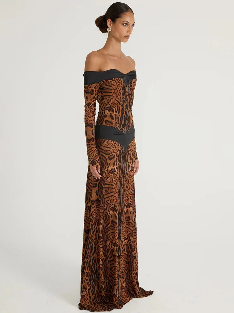 Women Off Shoulder Leopard Print Maxi Dress Long Sleeve Cutout Bodycon Evening Party Gown Formal Wedding Guest Dress