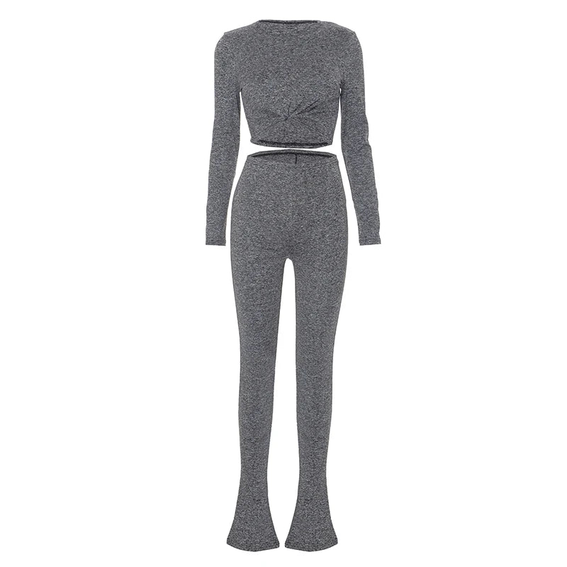 Casual Two-Piece Set Women Skinny Ruched Knot Crop Top+High-Waisted Pants Stretch Matching Street Sporty Style Suit