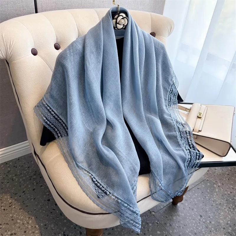 Bohemian Solid Lace Trim Scarf for Women Square Cotton Silk Hijabs Soft Sun-Protection Shawl Summer Beach Sarong Headband