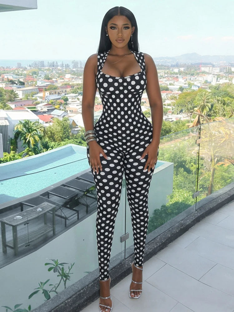 Sexy Backless Jumpsuit Women Trend Polka Dot Print Sleeveless Square Collar Skinny Coquette Midnight Club Streetwear