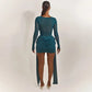 Mesh Splicing Long Sleeve Draped Mini Dress Green Black Club Dresses Sexy Fall Clothes Woman 2025